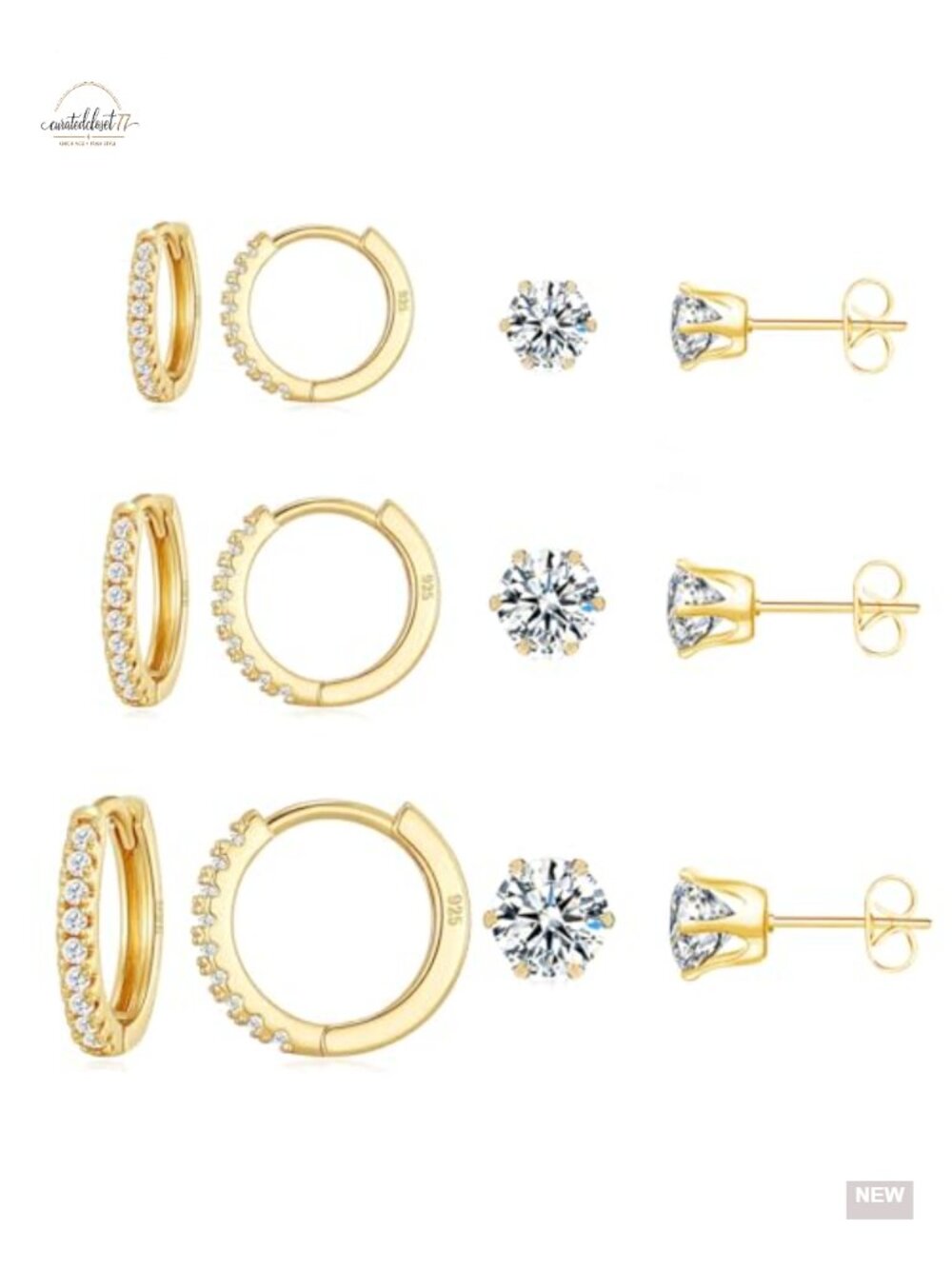 14K Gold Plated Hypoallergenic Hoop Earrings Set with Studs - 6 Pairs